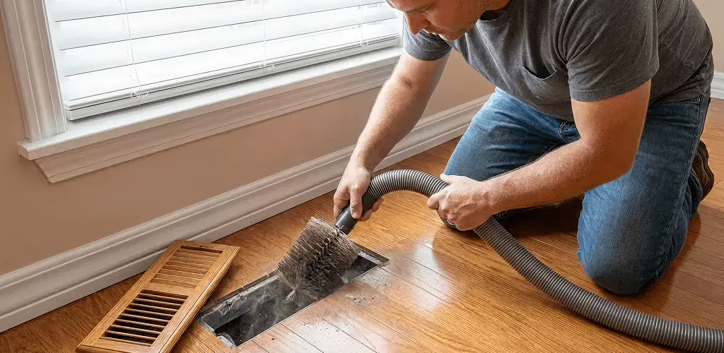 Air duct cleaning technician vacuuming a floor vent and duct opening in Arvada, CO