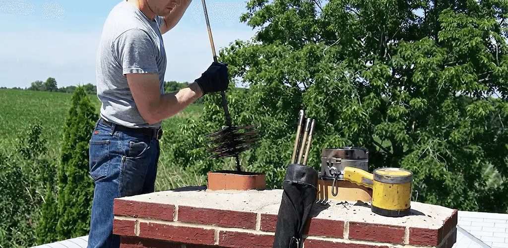 Chimney cleaning technician working on a rooftop chimney with professional tools in Arvada, CO