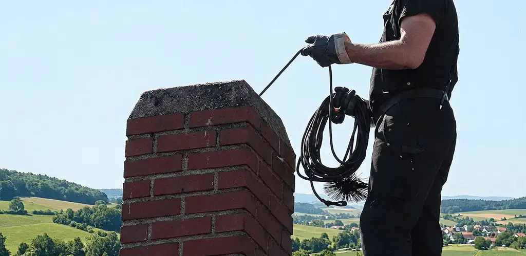 Chimney sweep inspecting and cleaning a rooftop chimney in Arvada, CO