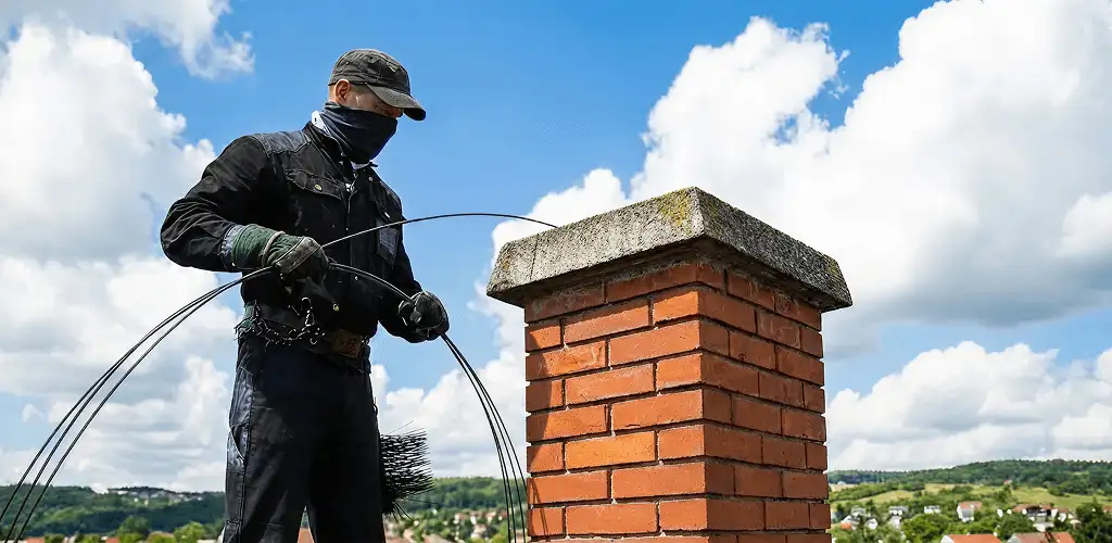 Chimney sweep cleaning a brick chimney with professional tools in Arvada, CO