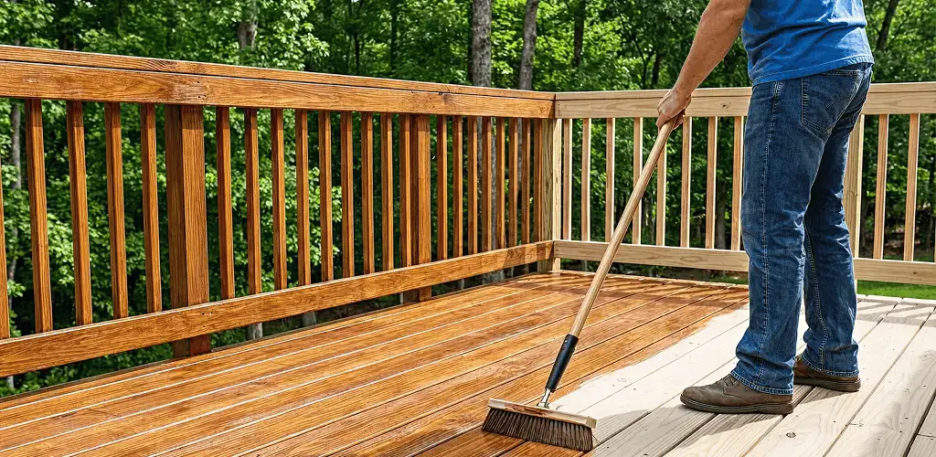 Deck staining and sealing application on a wood deck in Arvada, CO
