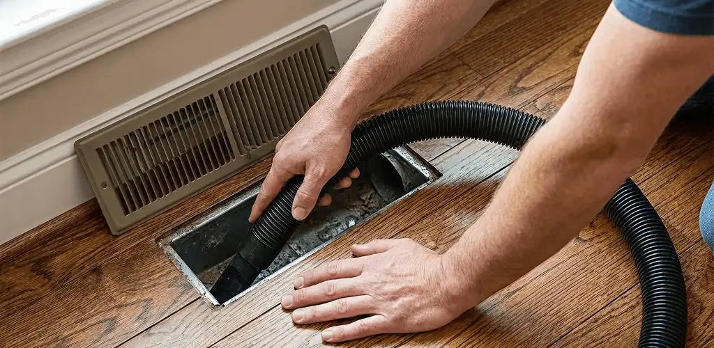Air duct cleaning technician vacuuming a floor register and duct opening in Arvada, CO