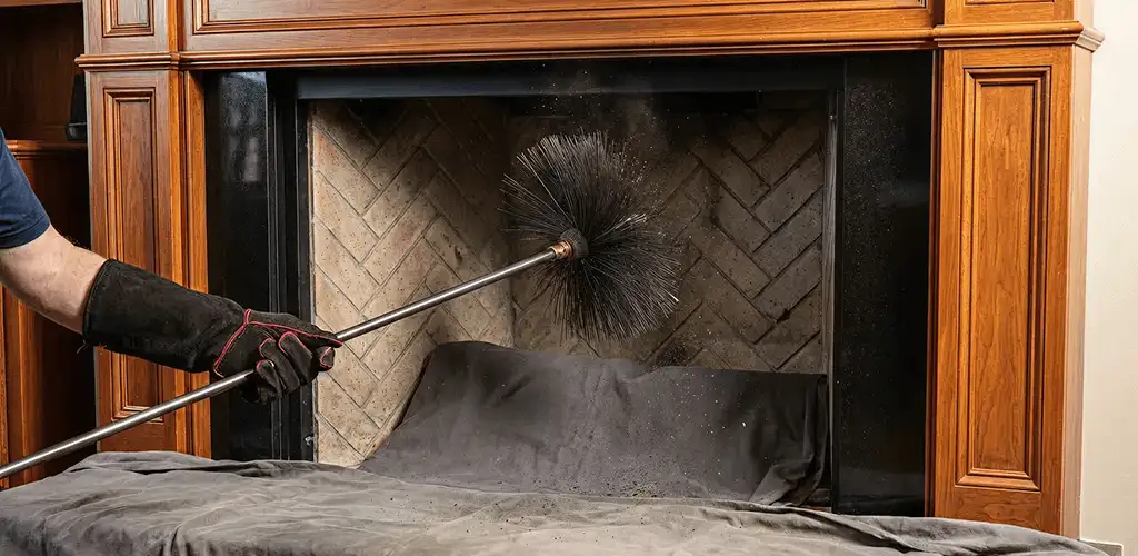 Chimney cleaning service brushing soot from a fireplace and flue in Arvada, CO