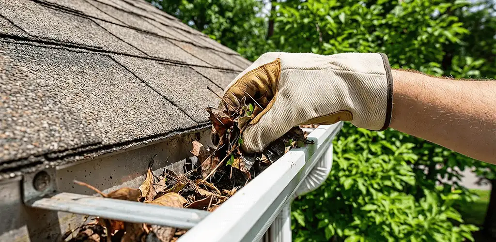 Gutter cleaning removing leaves and debris from roof gutters in Arvada, CO