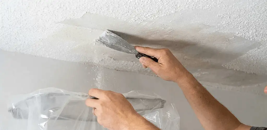 Popcorn ceiling removal technician scraping texture from a ceiling in Arvada, CO