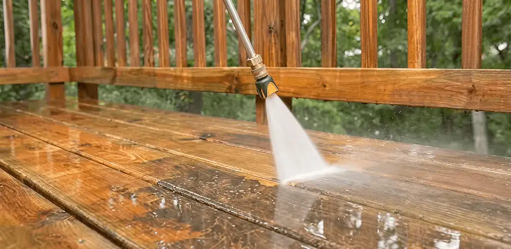 Pressure washing a wood deck to remove dirt and buildup in Arvada, CO