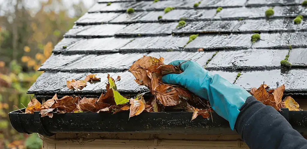 Gutter cleaning technician clearing wet leaves from roof gutters in Arvada, CO