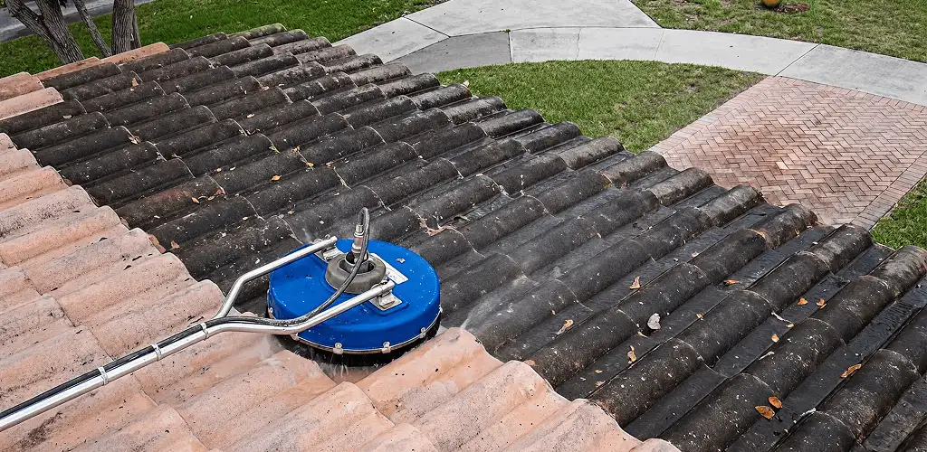 Roof pressure cleaning removing debris and buildup from roof tiles in Arvada, CO