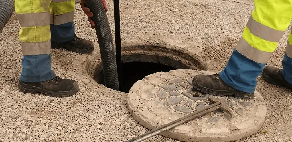 Drain cleaning crew clearing a sewer access point with professional equipment in Arvada, CO