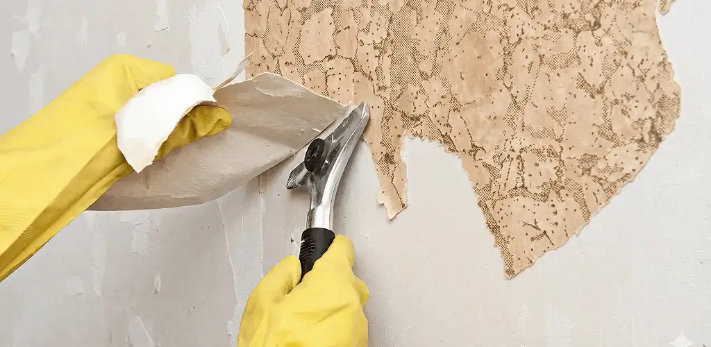 Wallpaper removal service stripping old wallpaper from a wall in Arvada, CO