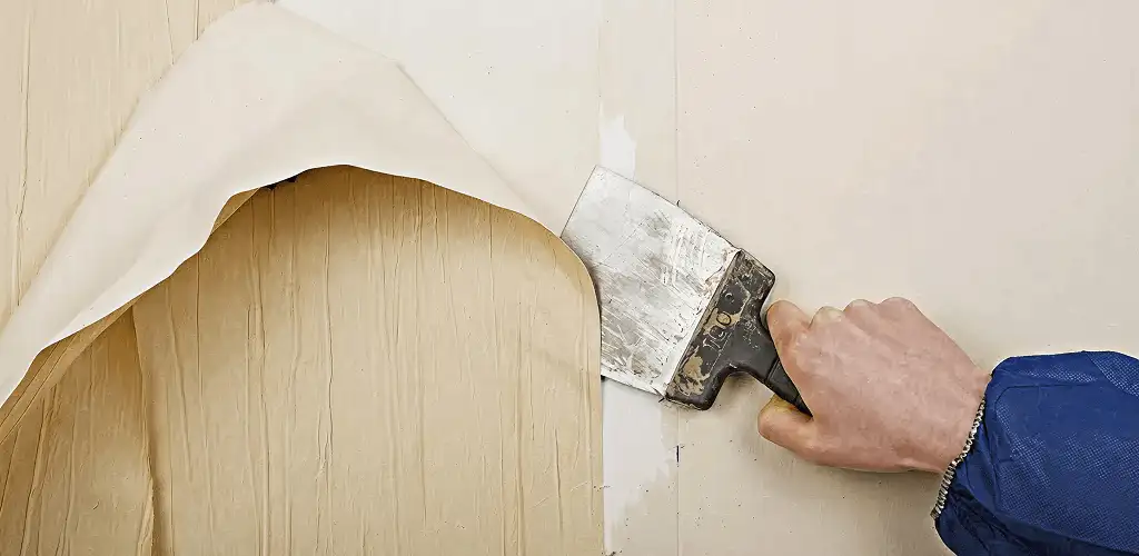 Handyman removing wallpaper with a scraper for wall preparation in Arvada, CO