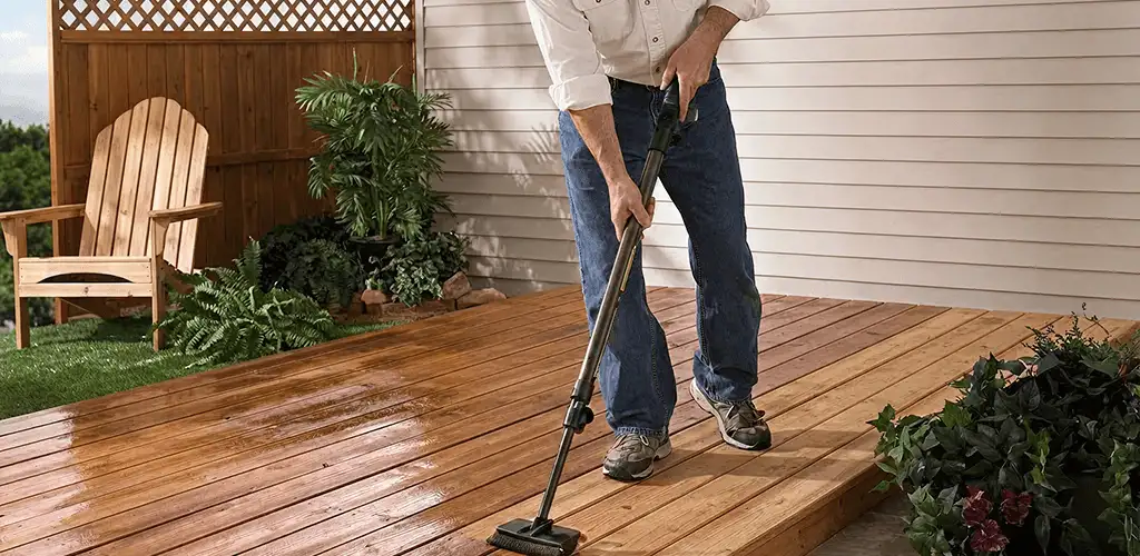 Deck staining service applying stain to a backyard wood deck in Arvada, CO